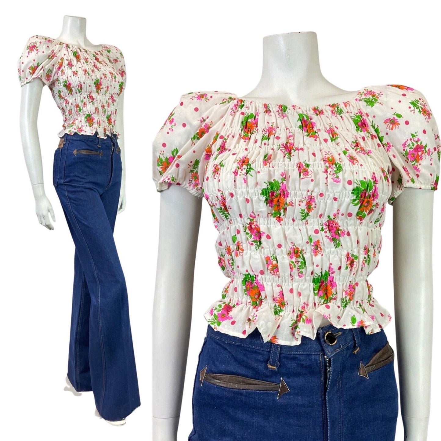 VINTAGE 70s WHITE PINK GREEN FLORAL DITTY SHIRRED PUFF-SLEEVE BOHO FOLK BLOUSE 6