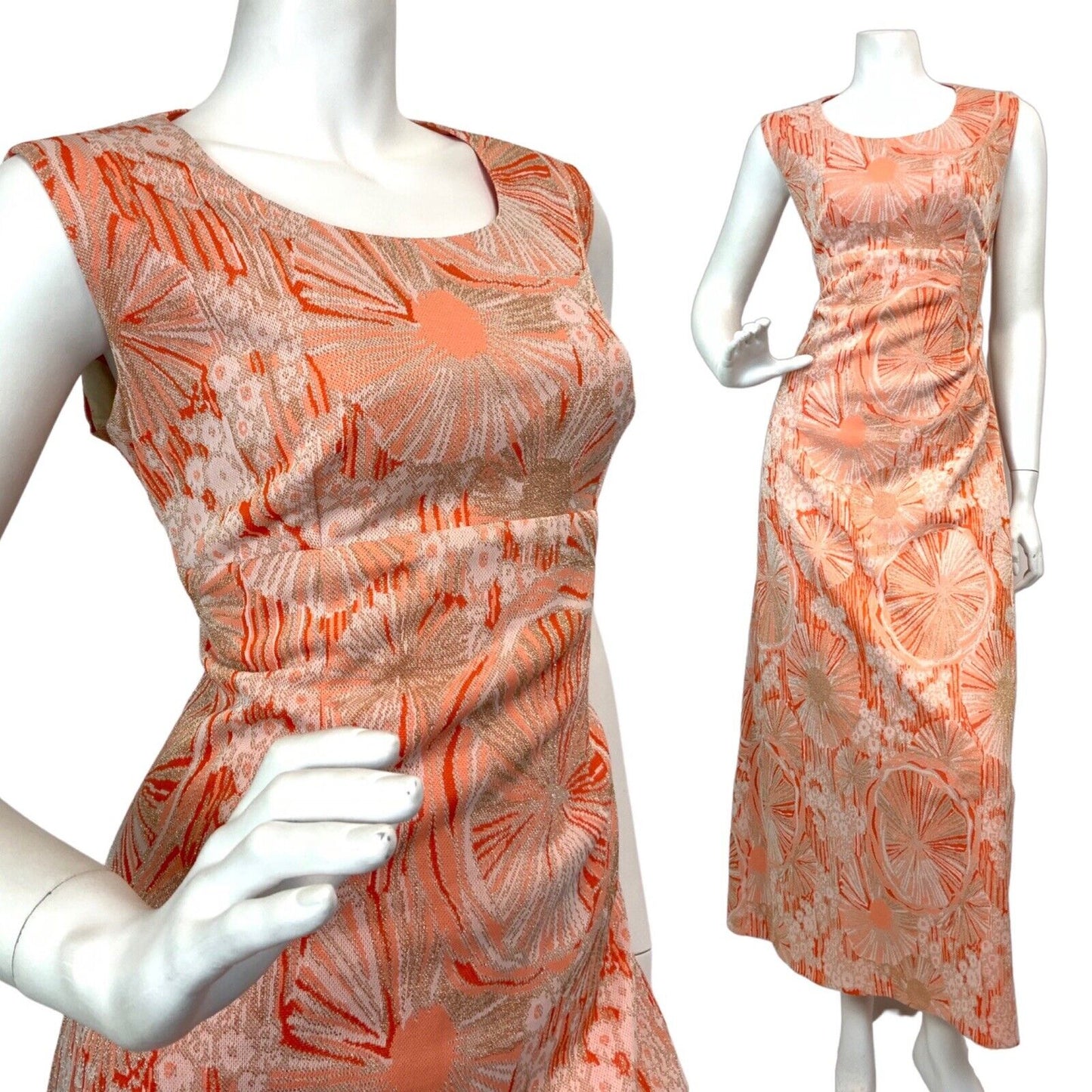 VINTAGE 60s 70s ORANGE WHITE GOLD PSYCHEDELIC FLORAL MOD LUREX MAXI DRESS 10 12