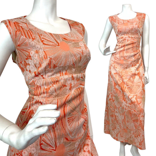 VINTAGE 60s 70s ORANGE WHITE GOLD PSYCHEDELIC FLORAL MOD LUREX MAXI DRESS 10 12