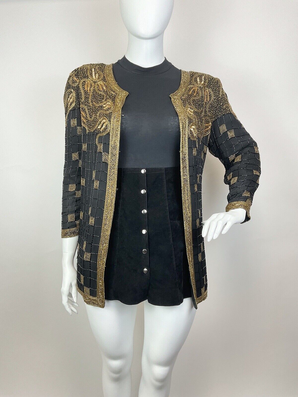 VINTAGE 70s 80s BLACK GOLD CHECKED LEAFY BEADED SEQUIN DISCO TROPHY JACKET 16 18