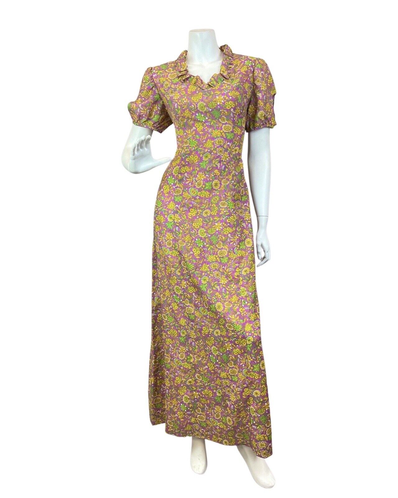 VINTAGE 60s 70s PURPLE YELLOW GREEN PSYCHEDELIC FLORAL MOD MAXI DRESS 10 12