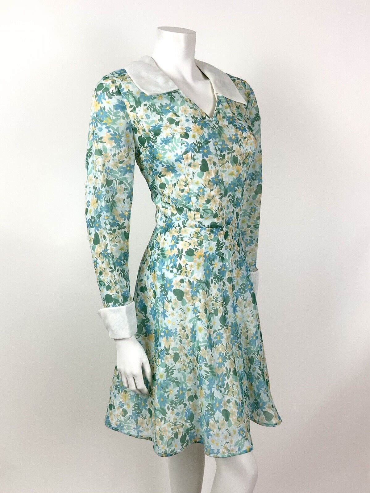 VINTAGE 60s 70s GREEN BLUE BEIGE FLORAL DITSY MOD SHEER SHIRT DRESS 10 12