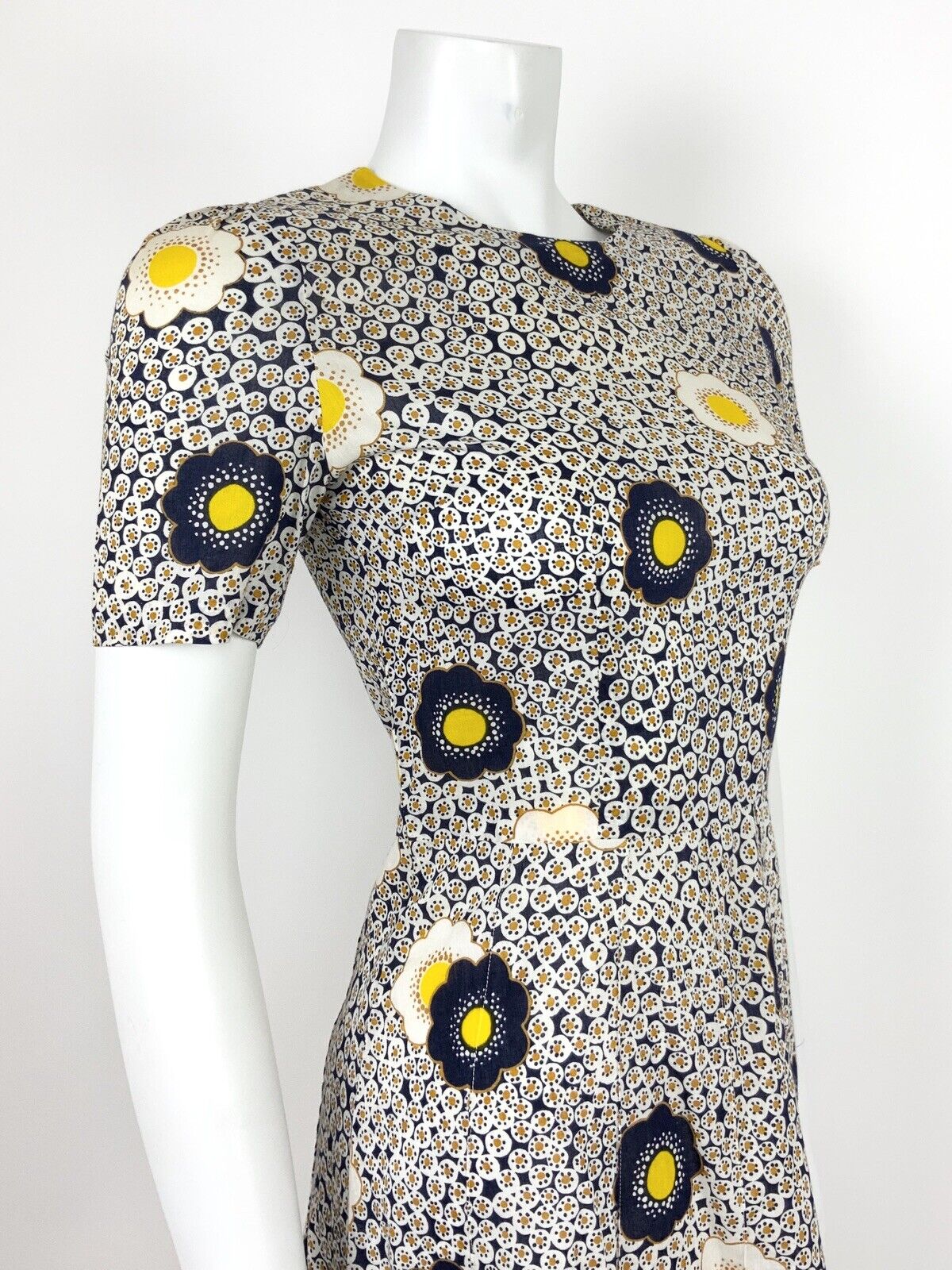 VTG 60s 70s BLUE WHITE YELLOW FLORAL MOD DAISY DOTTY DRESS SUMMER HIPPY 8