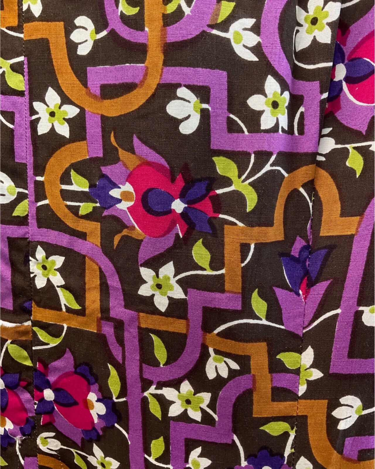 VINTAGE 60s 70s BROWN PURPLE WHITE GEOMETRIC FLORAL SHIRT DRESS 16 18