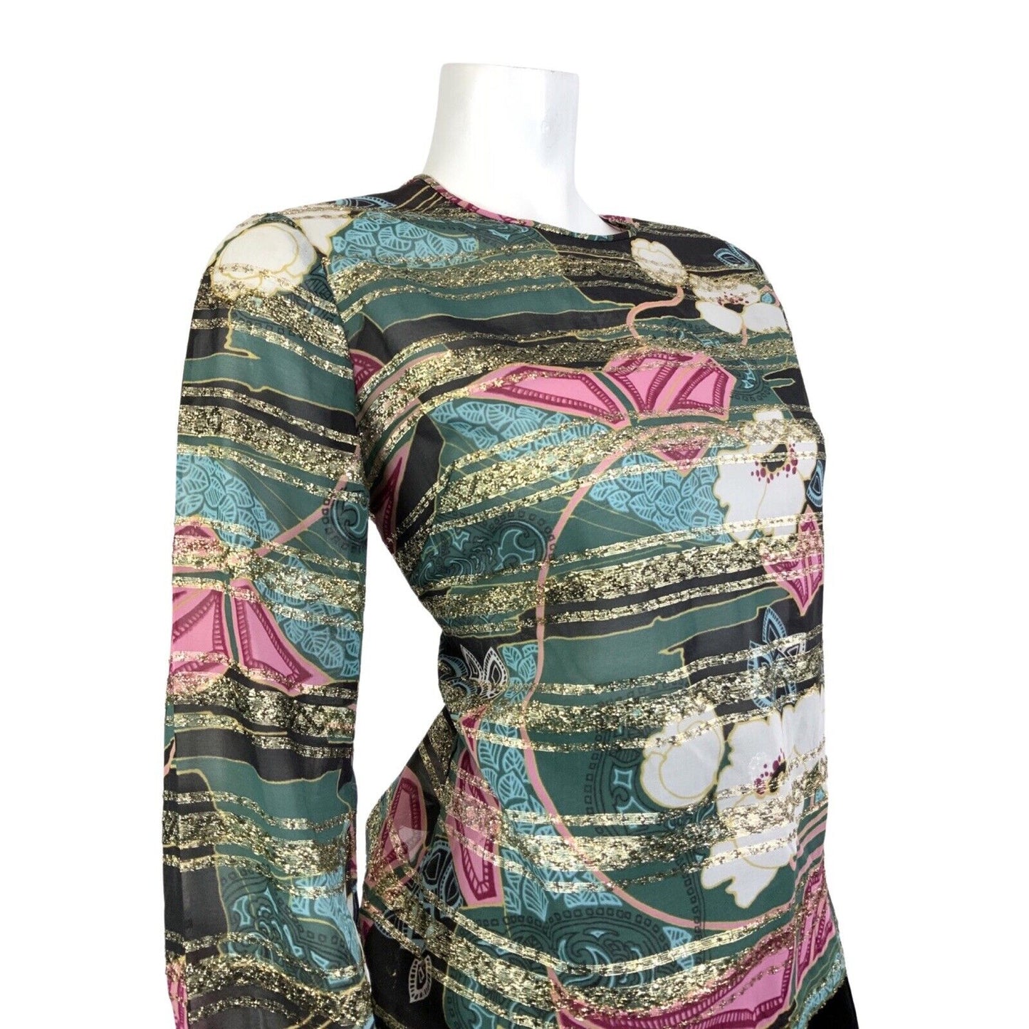 VINTAGE 60s 70s GREEN BLACK PINK GOLD PSYCHEDELIC FLORAL STRIPED SHEER TOP 12 14