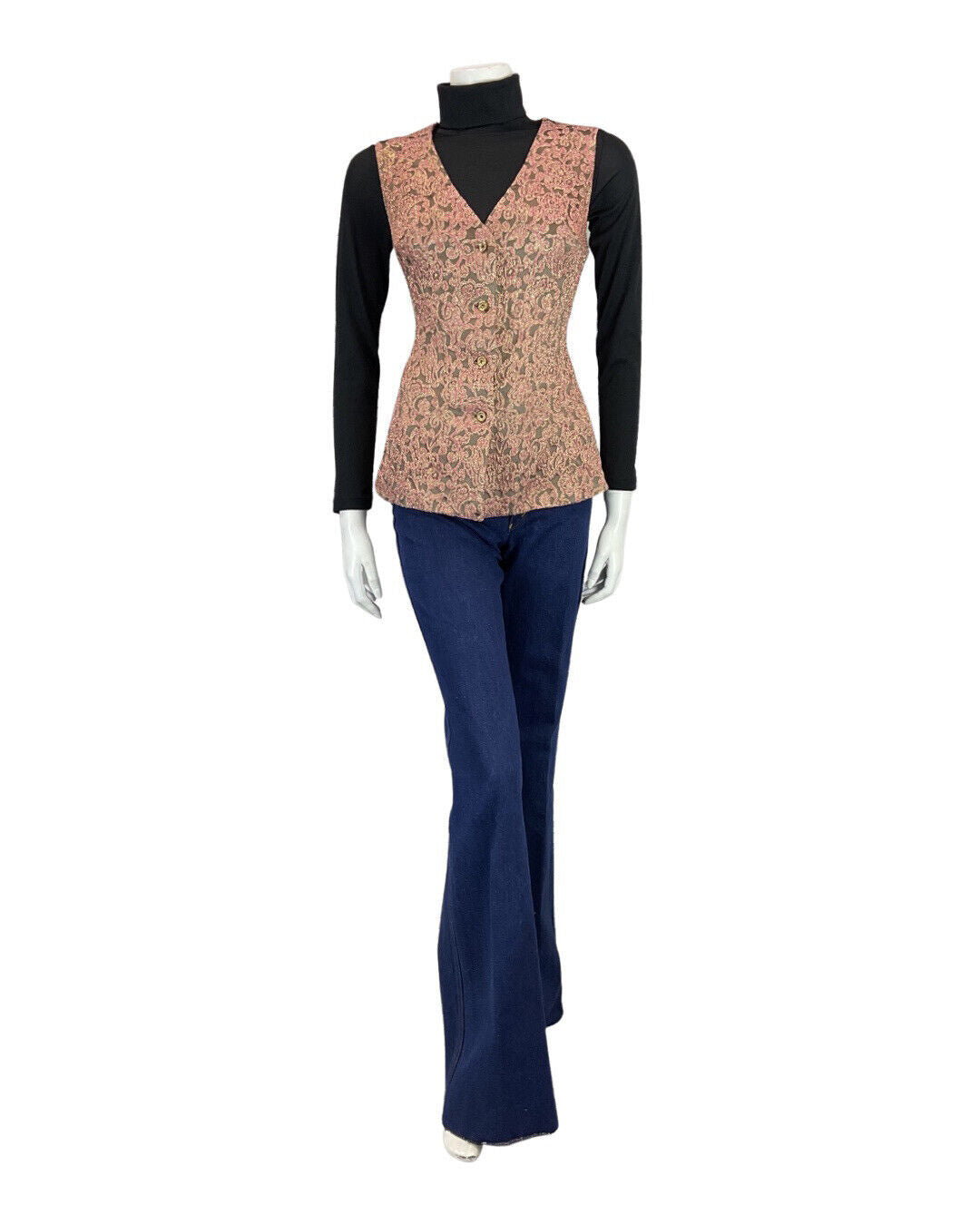 VINTAGE 60s 70s PINK GOLD FLORAL SWIRL BROCADE LUREX WAISTCOAT 12