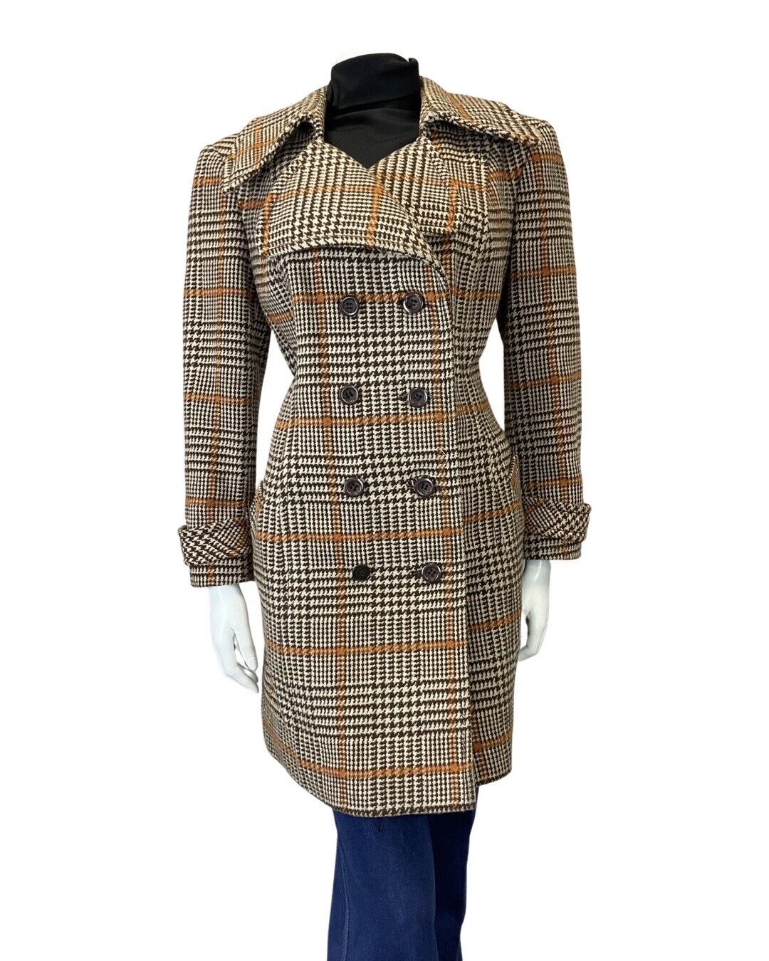 VINTAGE 60s 70s BROWN CREAM ORANGE GLEN CHECKED DOUBLE-BREASTED WOOL COAT 16 18