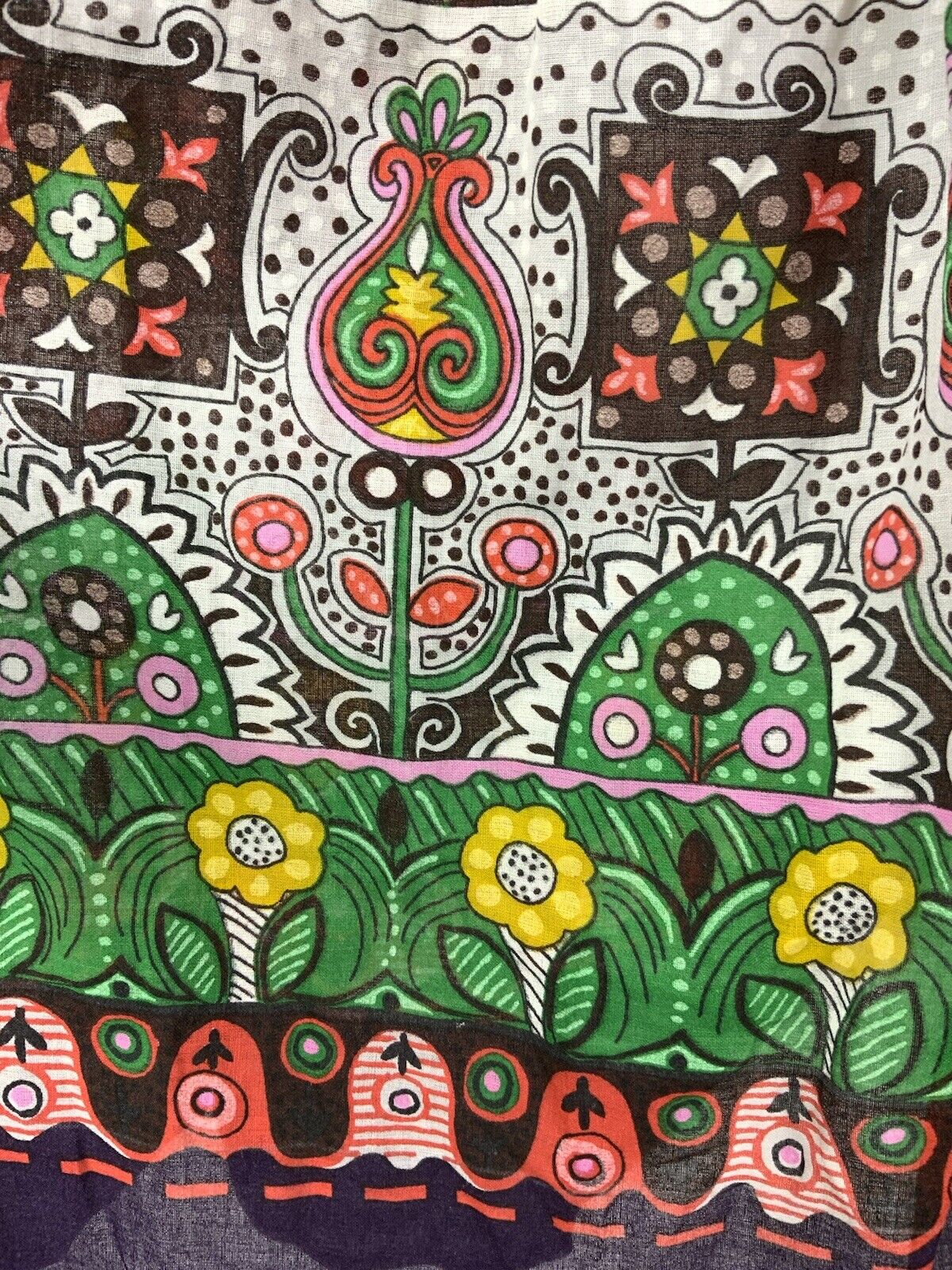 VINTAGE 60s 70s WHITE PURPLE GREEN FLORAL GYPSY BOHO FOLK COTTON TENT DRESS 6 8