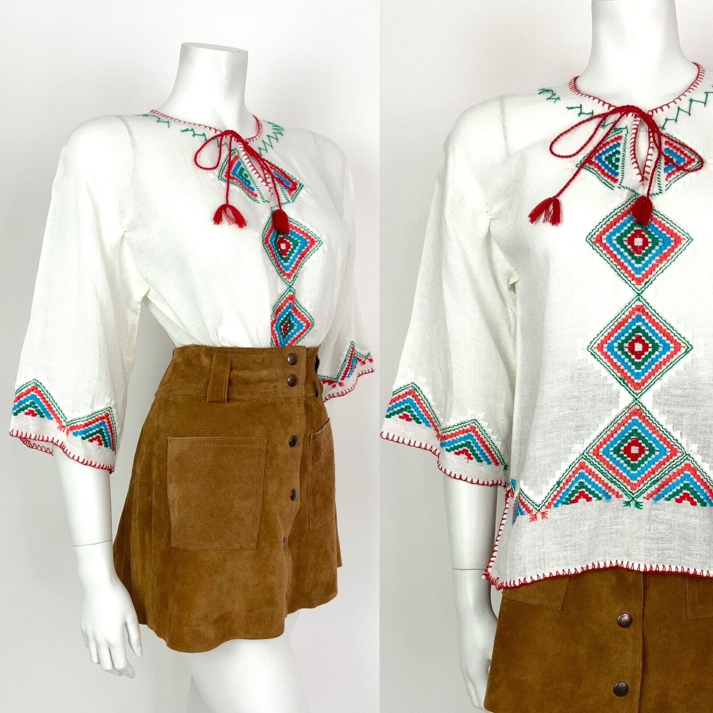 VTG 70s WHITE RED BLUE GREEN AZTEC GEOMETRIC EMBROIDERED BOHO ETHNIC TOP 10 12