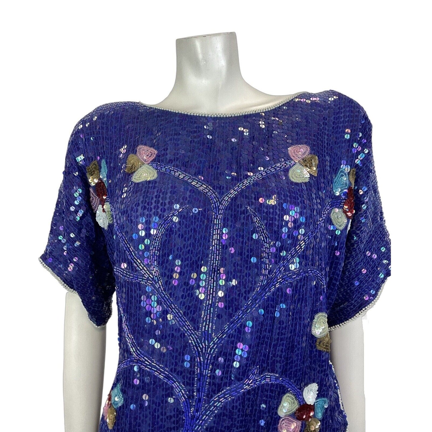 VINTAGE 60s 70s BLUE WHITE PINK GOLD SEQUIN BEADED FLORAL TREE DISCO TOP 14 16