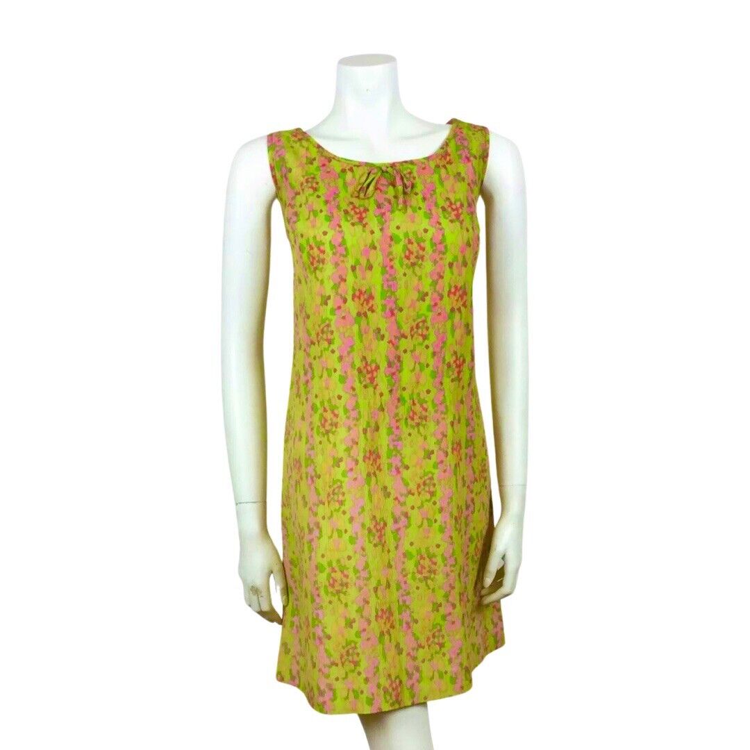 VINTAGE 60s BRIGHT GREEN PINK PSYCHEDELIC SHIFT DRESS 12 14