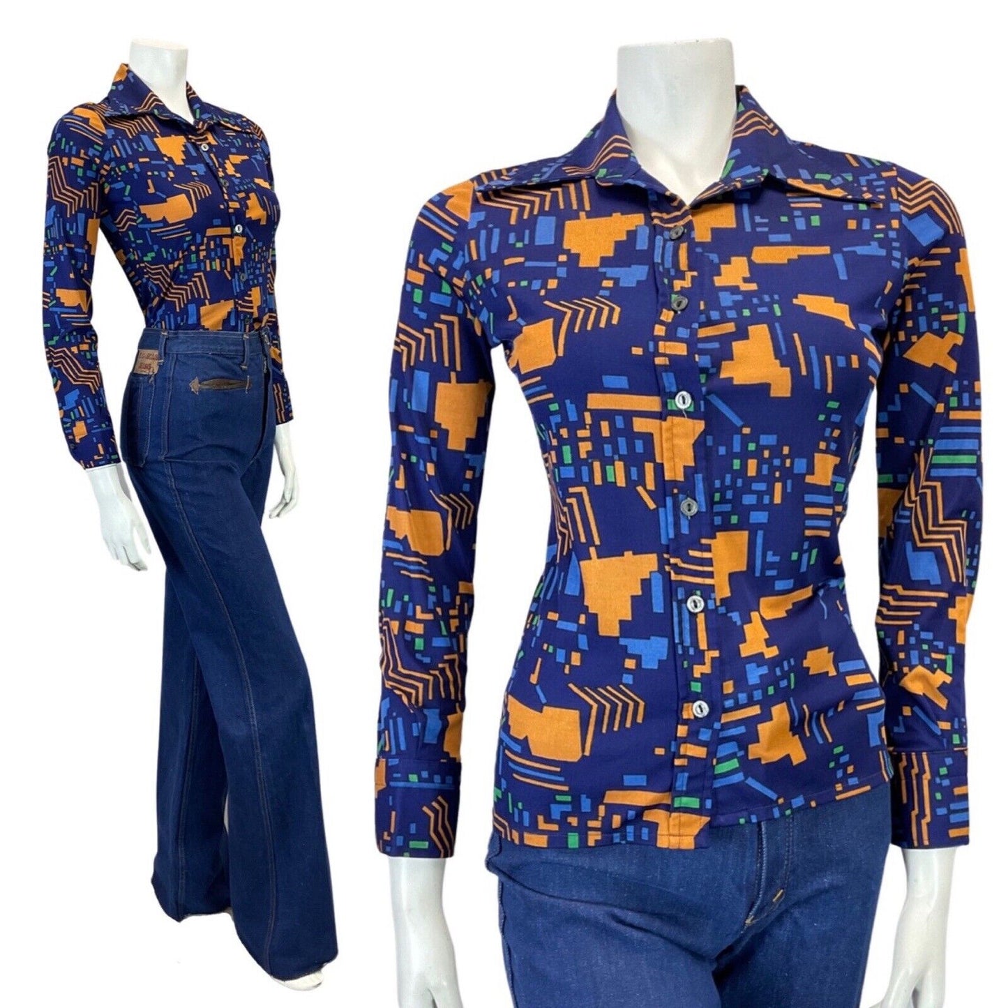 VINTAGE 60s 70s NAVY BLUE YELLOW GEOMETRIC MOD DAGGER COLLAR SHIRT 8