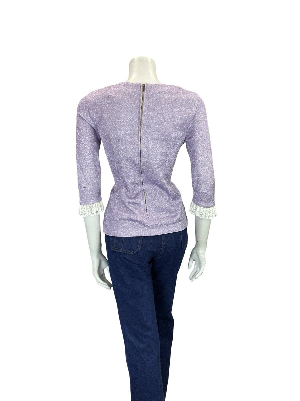 VTG 60S 70S LILAC PURPLE LUREX LACE TRIM 1/2 SLEEVE PARTY PRAIRIE MOD TOP 8