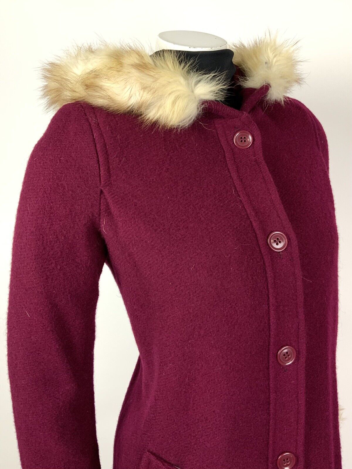 VINTAGE 60s 70s RASPBERRY RED HOODED WHITE FUR TRIM MOD SWING COAT 12 14 16