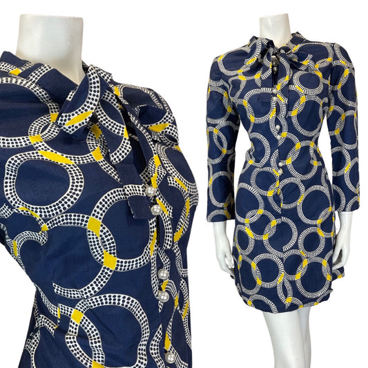 VINTAGE 60s 70s BLACK WHITE YELLOW CIRCLE GEOMETRIC MOD BOW SHORT DRESS 14 16