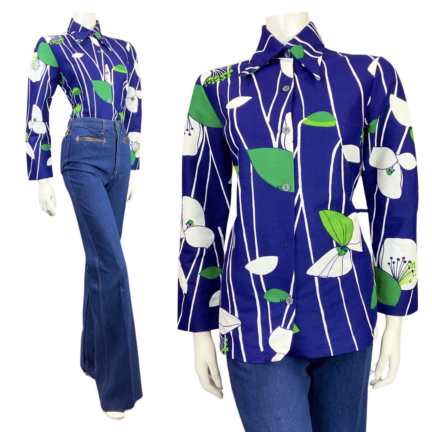 VINTAGE 60s 70s NAVY BLUE WHITE GREEN STRIPED LEAFY FLORAL DAGGER BLOUSE 14