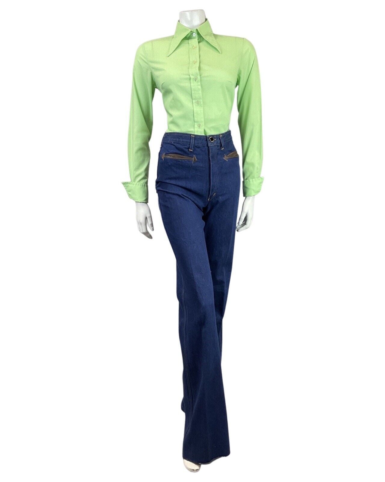VINTAGE 60s 70s LIME GREEN MOD FRENCH CUFF DAGGER COLLAR SHIRT 10