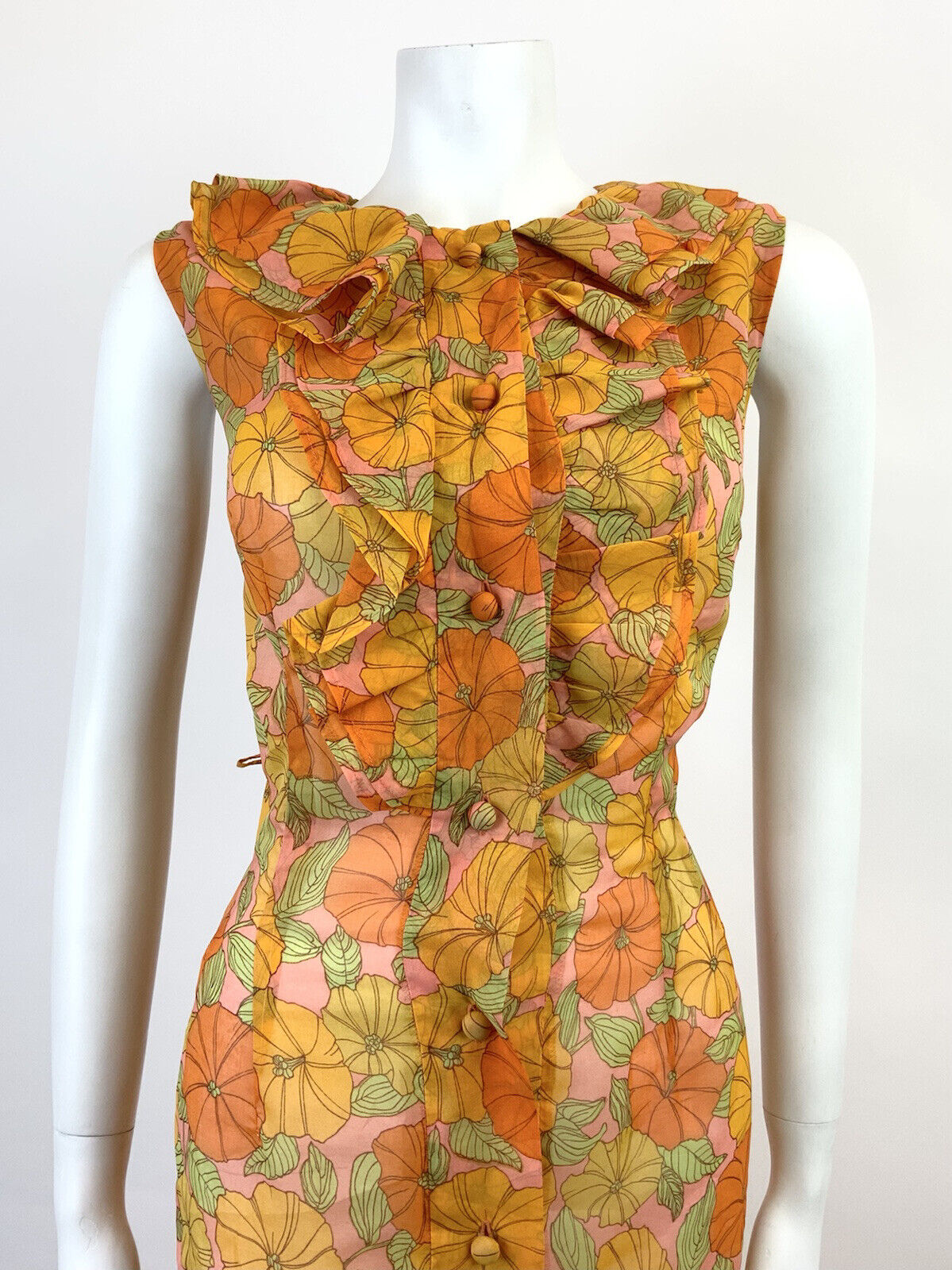 VINTAGE 60s 70s ORANGE PINK YELLOW GREEN FLORAL RUFFLE SHEER MOD DRESS 10 12