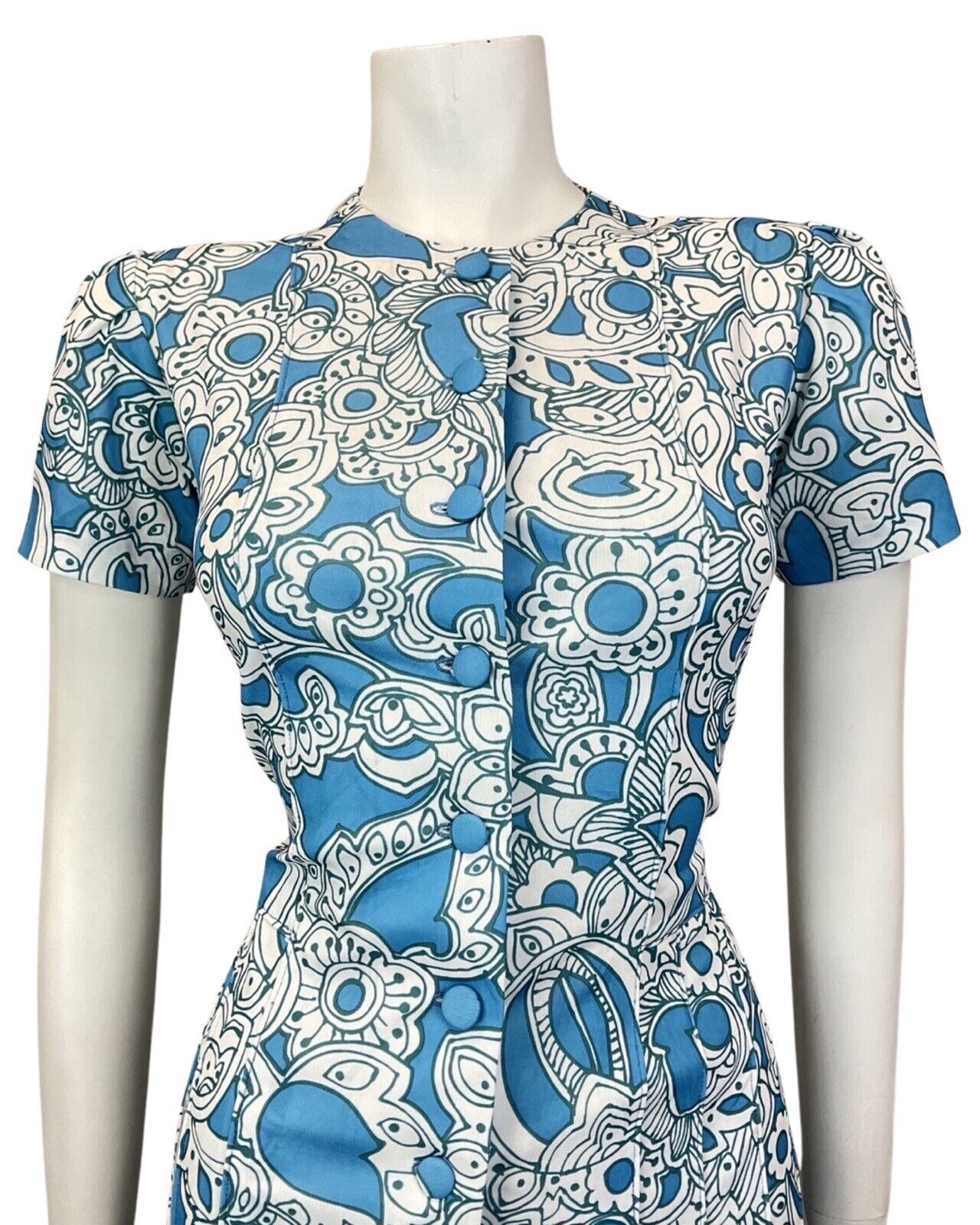 VINTAGE 60s 70s BLUE WHITE PSYCHEDELIC FLORAL PLEATED MOD SHORT DRESS 10