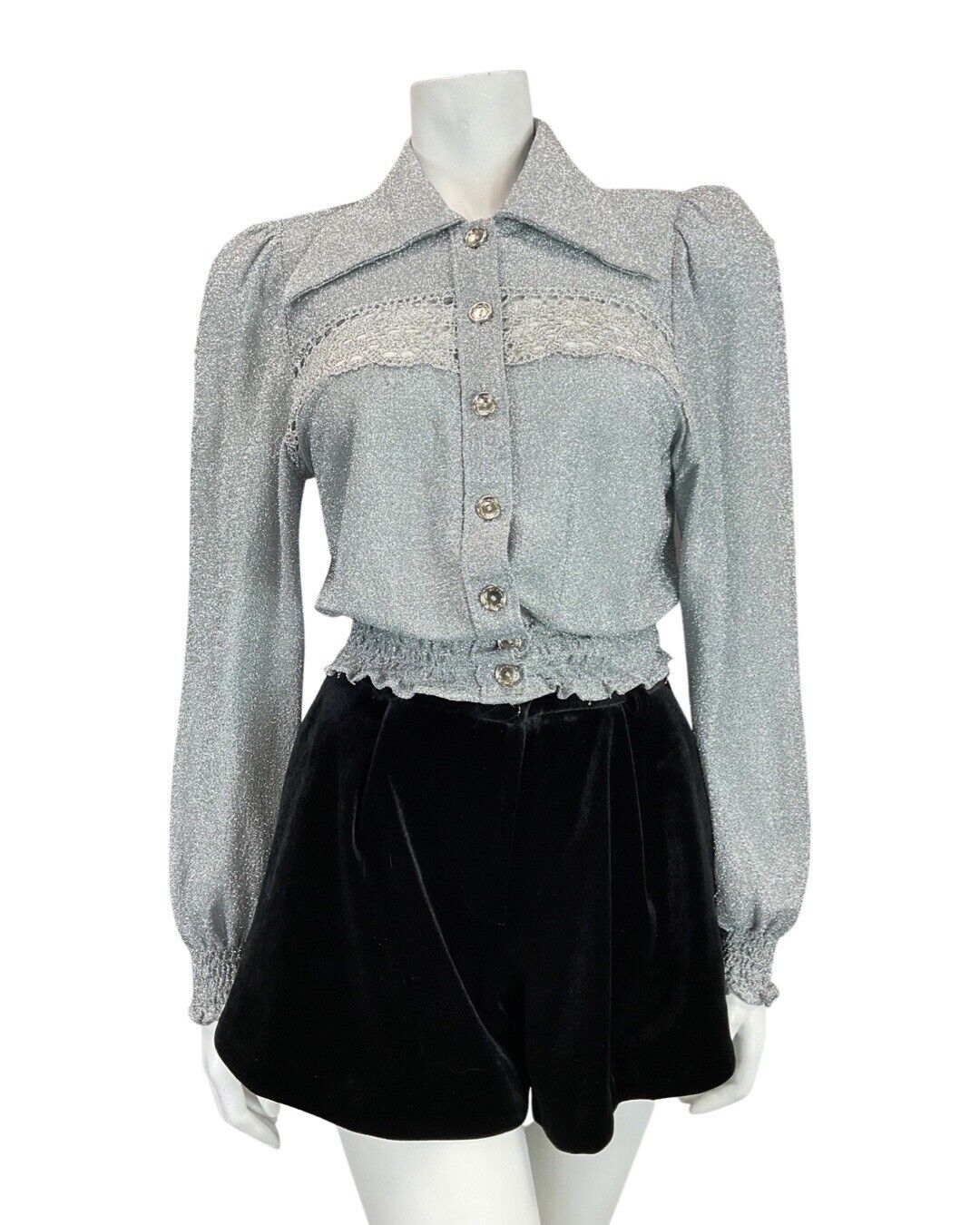 VINTAGE 60s 70s METALLIC SILVER FLORAL LACE STUDIO 54 DISCO DAGGER SHIRT 8 10