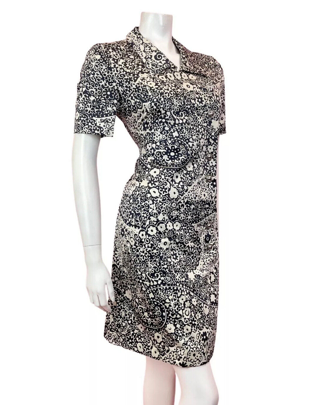 VINTAGE 60s 70s BLACK WHITE SILVER PSYCHEDELIC FLORAL MOD SHIRT DRESS 10 12