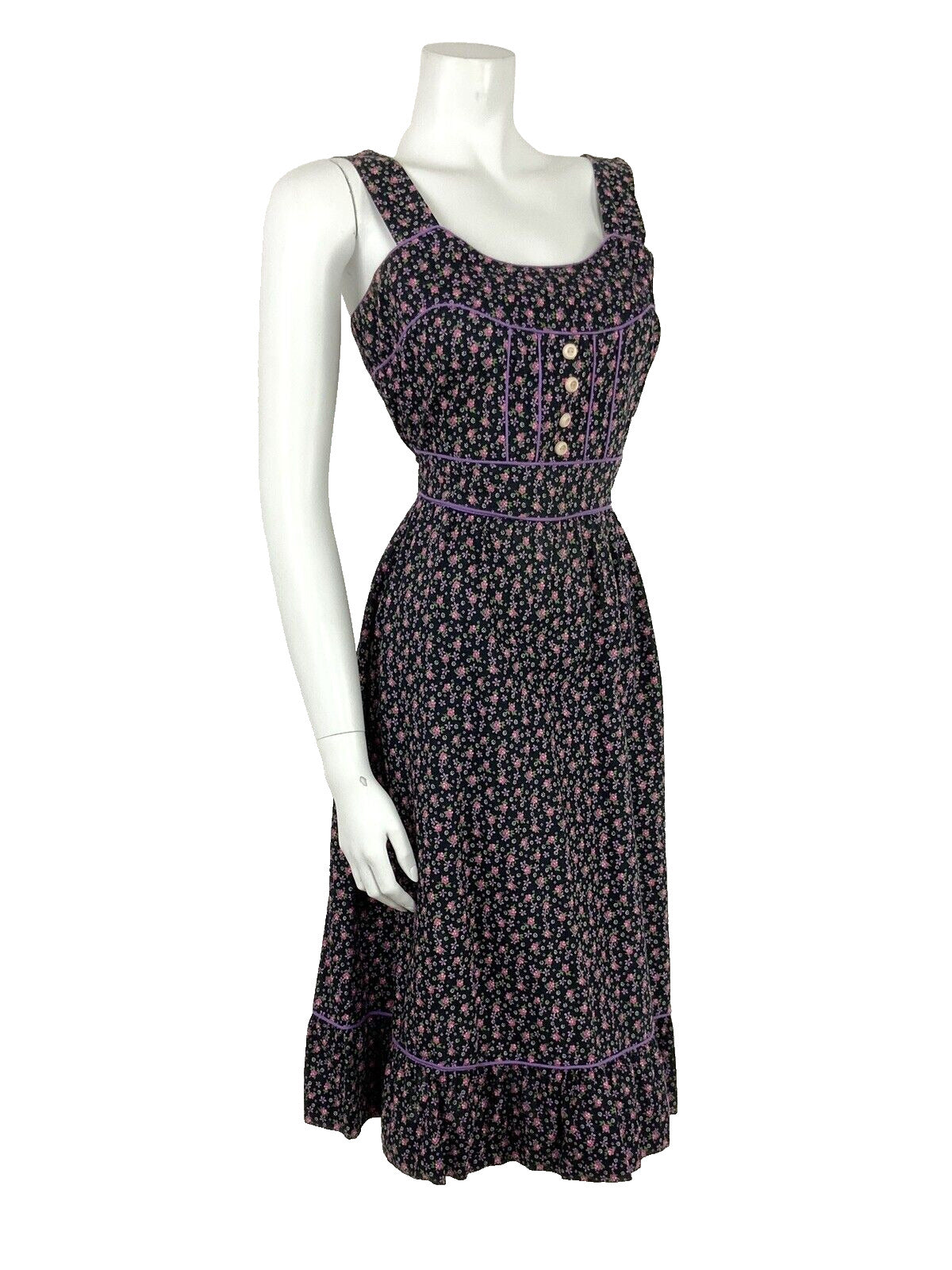VTG 60s 70s BLACK PINK PURPLE WHITE GREEN FLORAL DITSY FOLK PRAIRIE DRESS 8 10