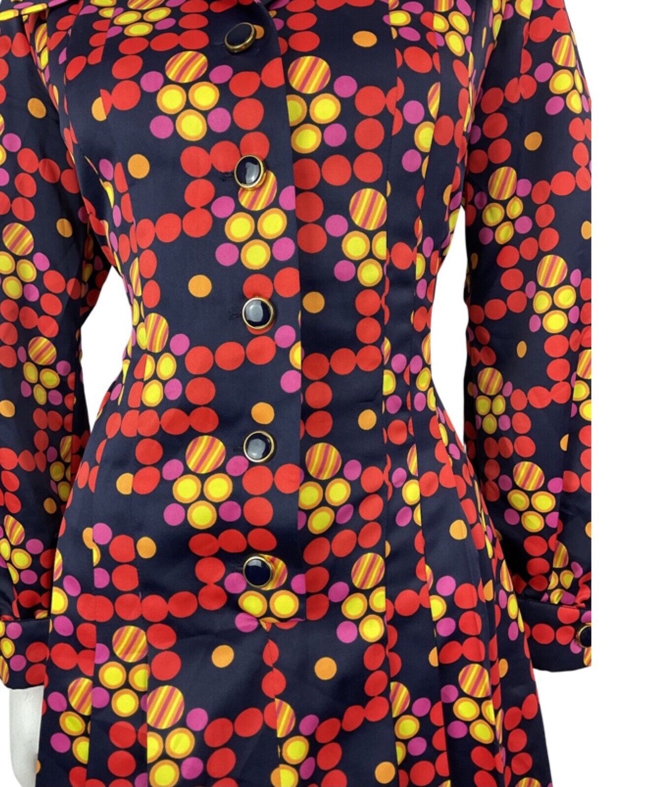 VINTAGE 60s 70s BLUE RED YELLOW PSYCHEDELIC DOTTY MOD DAGGER SHIRT DRESS 14 16