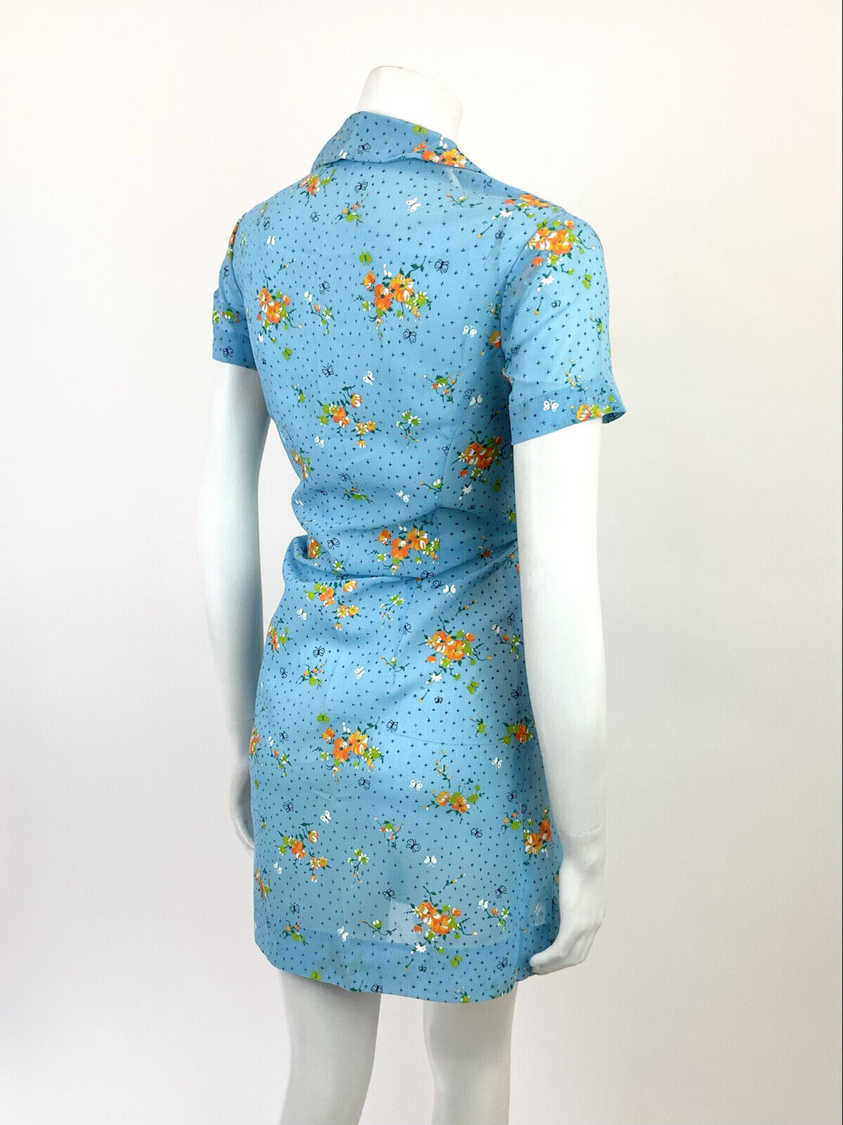 VTG 60s 70s BABY BLUE WHITE ORANGE FLORAL BUTTERFLY MOD SHEER SHIRT DRESS 10 12