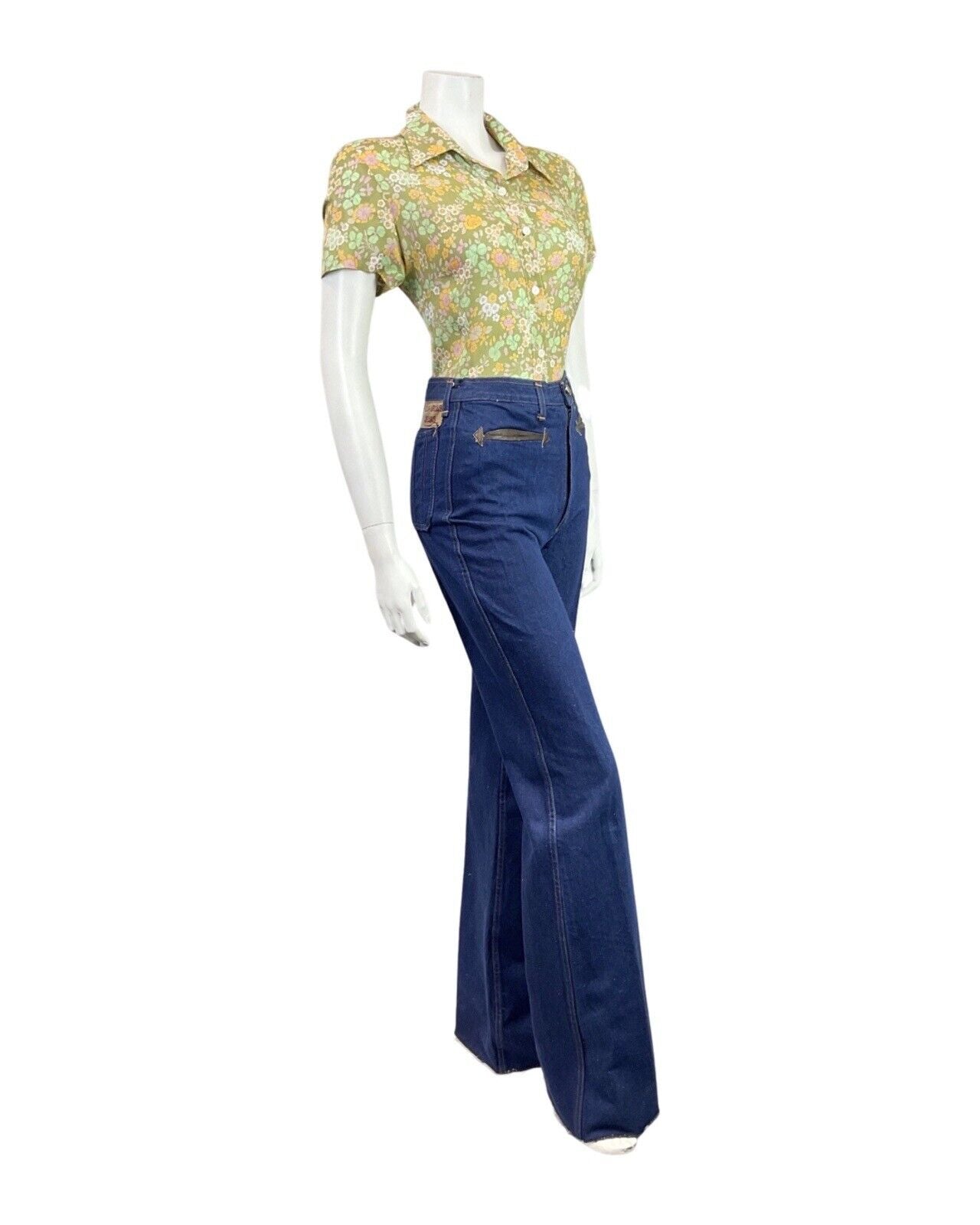 VINTAGE 60s 70s GREEN PINK YELLOW FLORAL BOTANICAL PRAIRIE BLOUSE 12 14