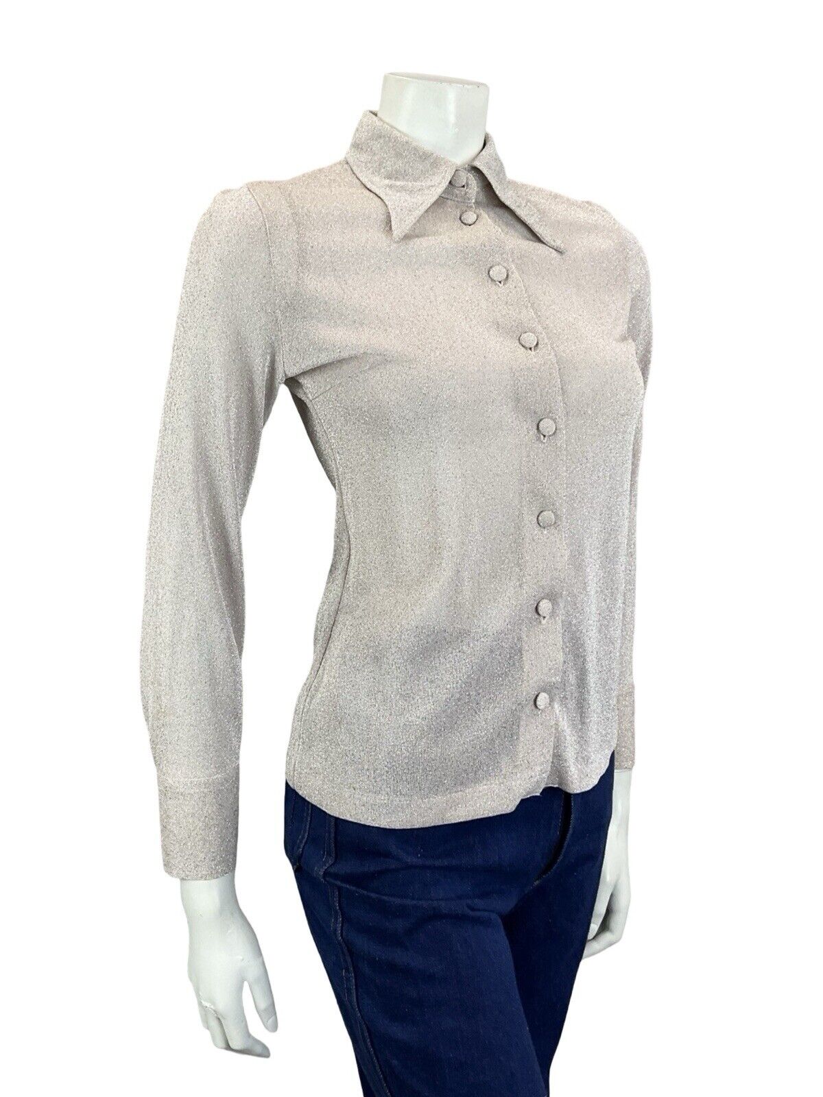 VTG 60S 70S WHITE PASTEL PINK DAGGER COLLAR LONG SLEEVE LUREX PARTY SHIRT 6