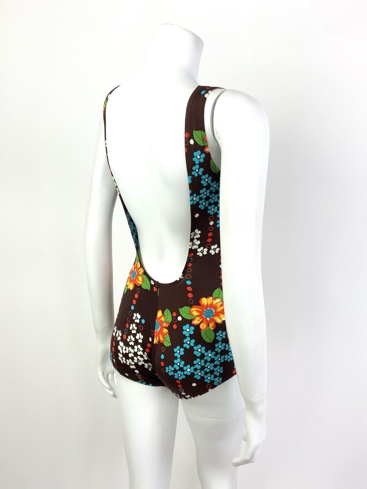 VTG 60s 70s BROWN ORANGE BLUE FLORAL LOW-BACK MOD SWIMSUIT BODY SUIT 10 12