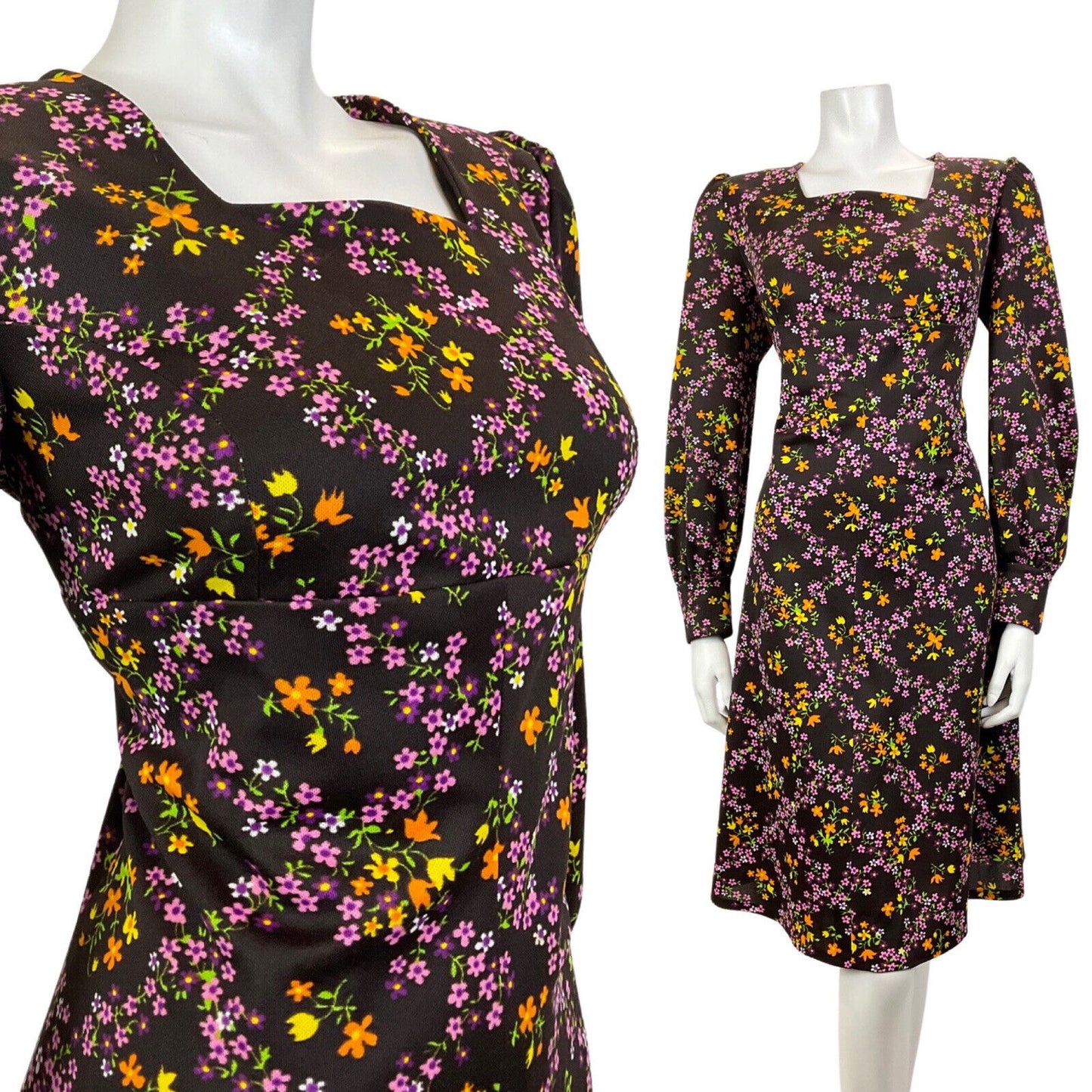 VINTAGE 60s 70s BROWN PURPLE GREEN FLORAL DITSY CHECKED EMPIRE LINE MOD DRESS 16