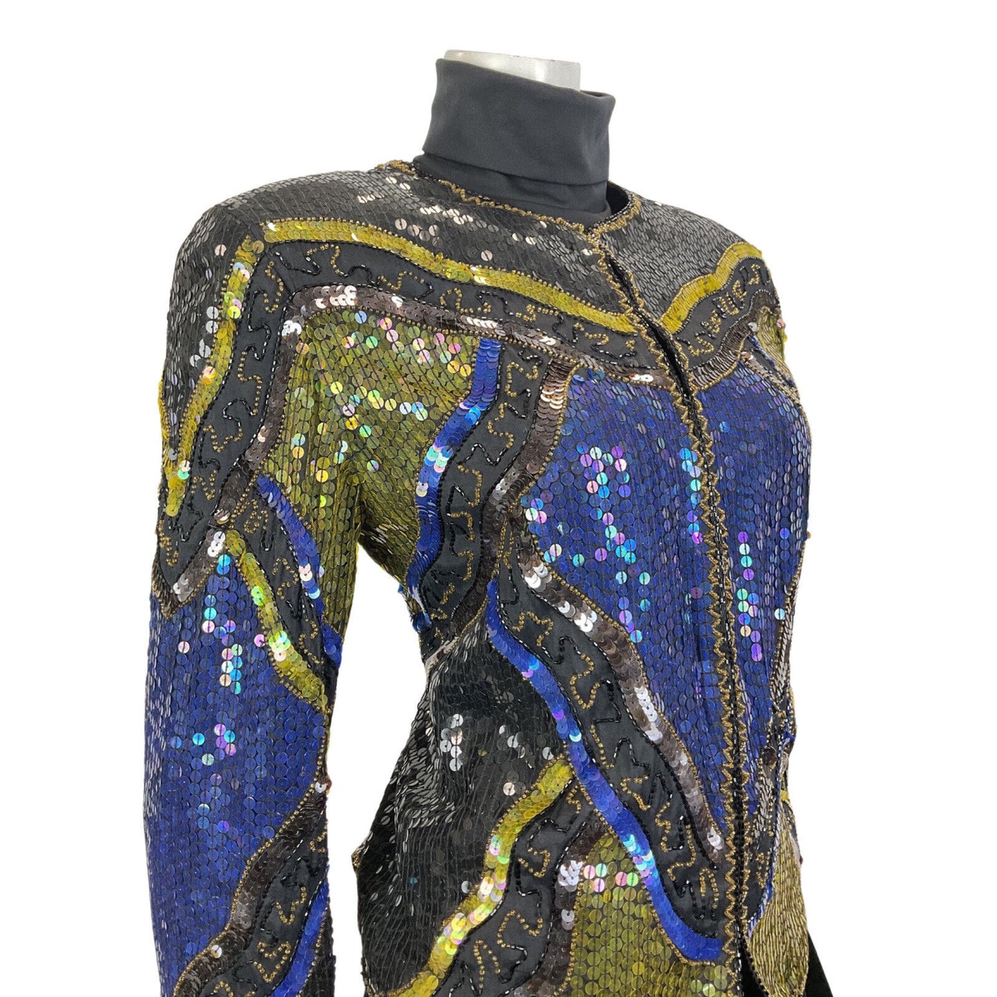 VINTAGE 70s 80s BLACK BLUE GOLD GEOMETRIC WAVY DISCO GLAM TROPHY JACKET 14 16