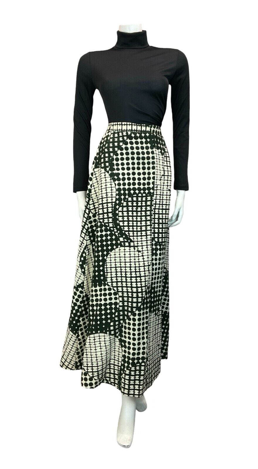 VTG 60S 70S GREEN/BLACK WHITE GEOMETRIC SPOTTY ABSTRACT PRINT MAXI SKIRT SIZE 12