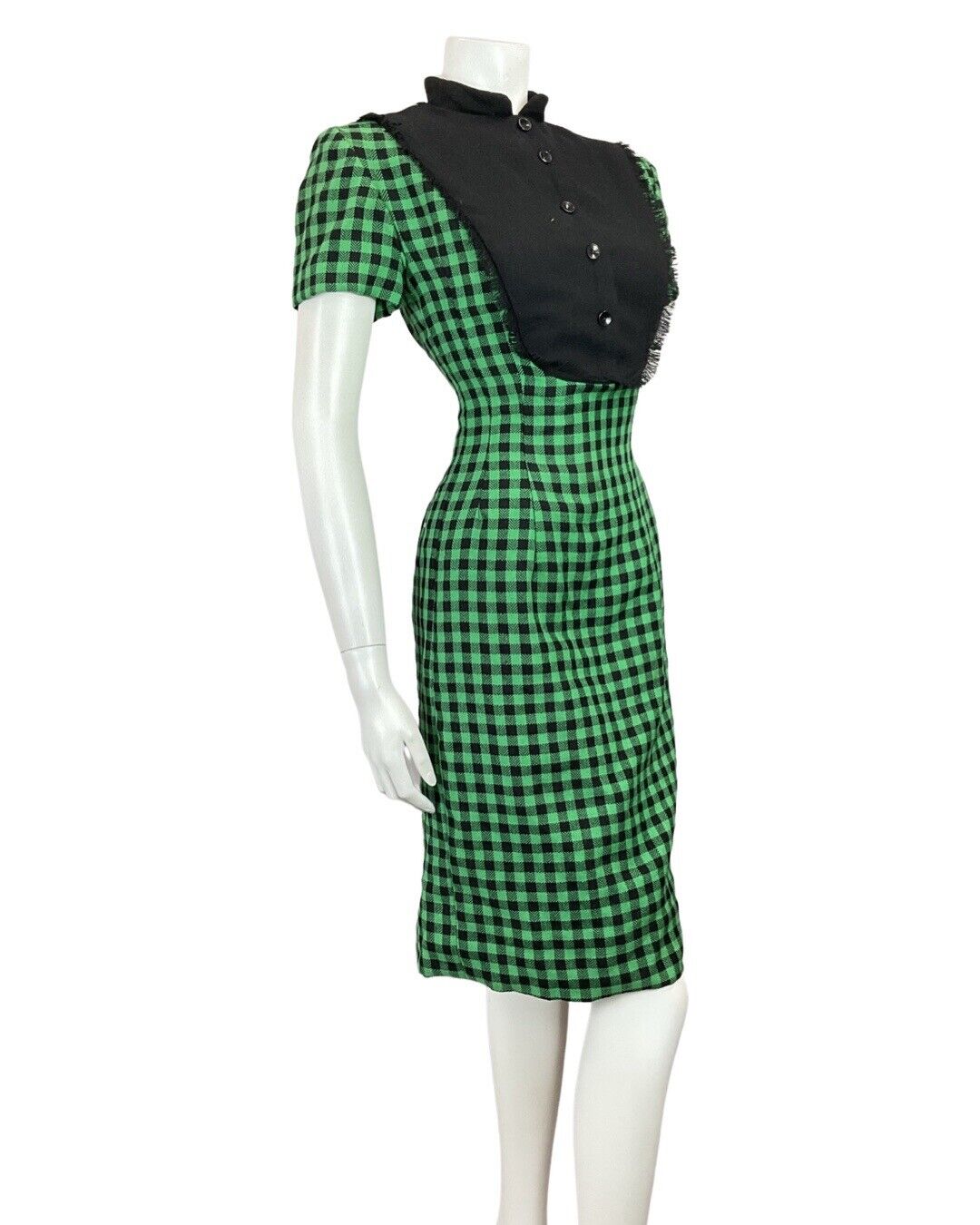 VINTAGE 60s 70s GREEN BLACK GINGHAM CHECKED MOD FITTED DRESS 8 10