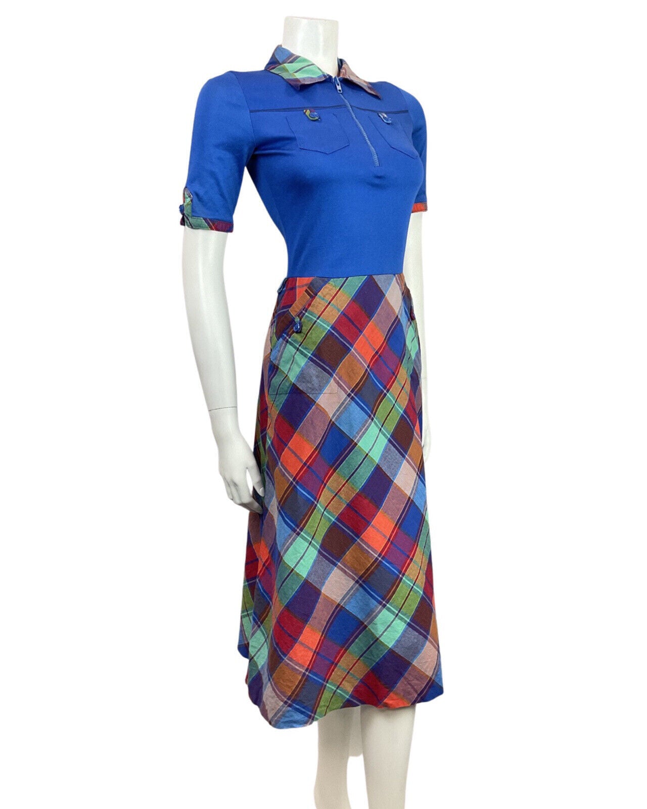 VINTAGE 60s 70s BLUE GREEN RED PLAID TARTAN MOD SWING MIDI SHIRT DRESS 8