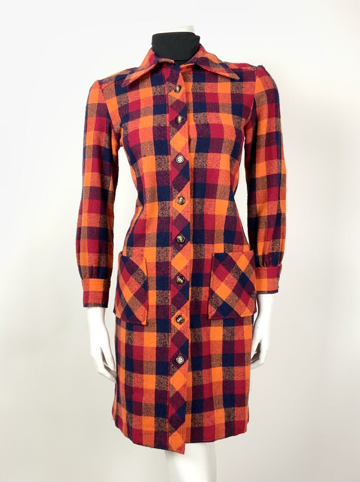 VINTAGE ORANGE RED BLUE CHECKED DAGGER COLLAR MOD WOOL COAT 8 10