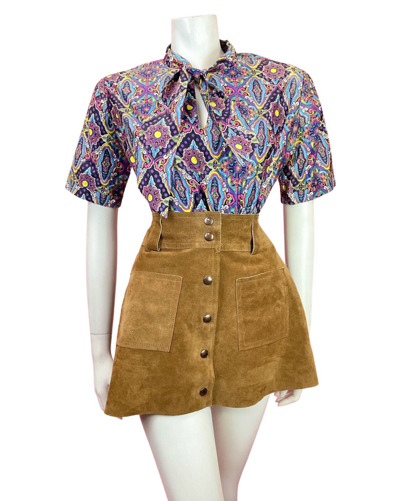 VTG 60s 70s PURPLE BLUE YELLOW PINK PSYCHEDELIC FLORAL PUSSYBOW BLOUSE TOP 16 18