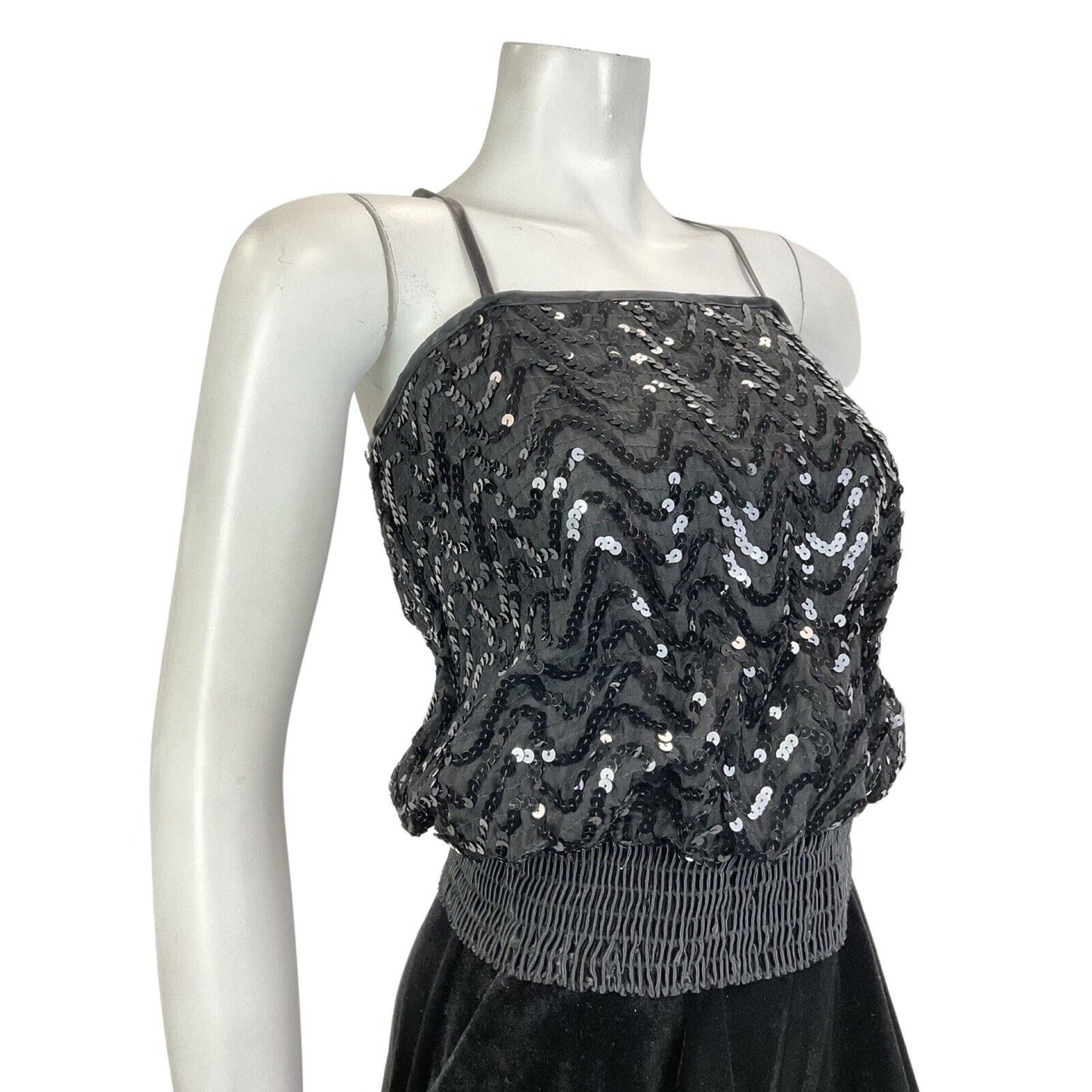 VINTAGE 70s BLACK WAVY SEQUIN BLOUSON SPAGHETTI STRAP STUDIO 54 DISCO TOP 8