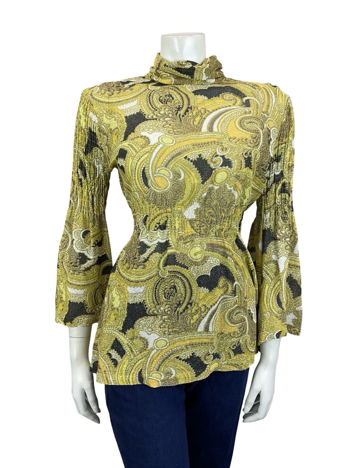 VTG 60S GOLD BLACK WHITE LUREX GLITTERY FLARE SLEEVE RUCHED COLLAR BLOUSE 8