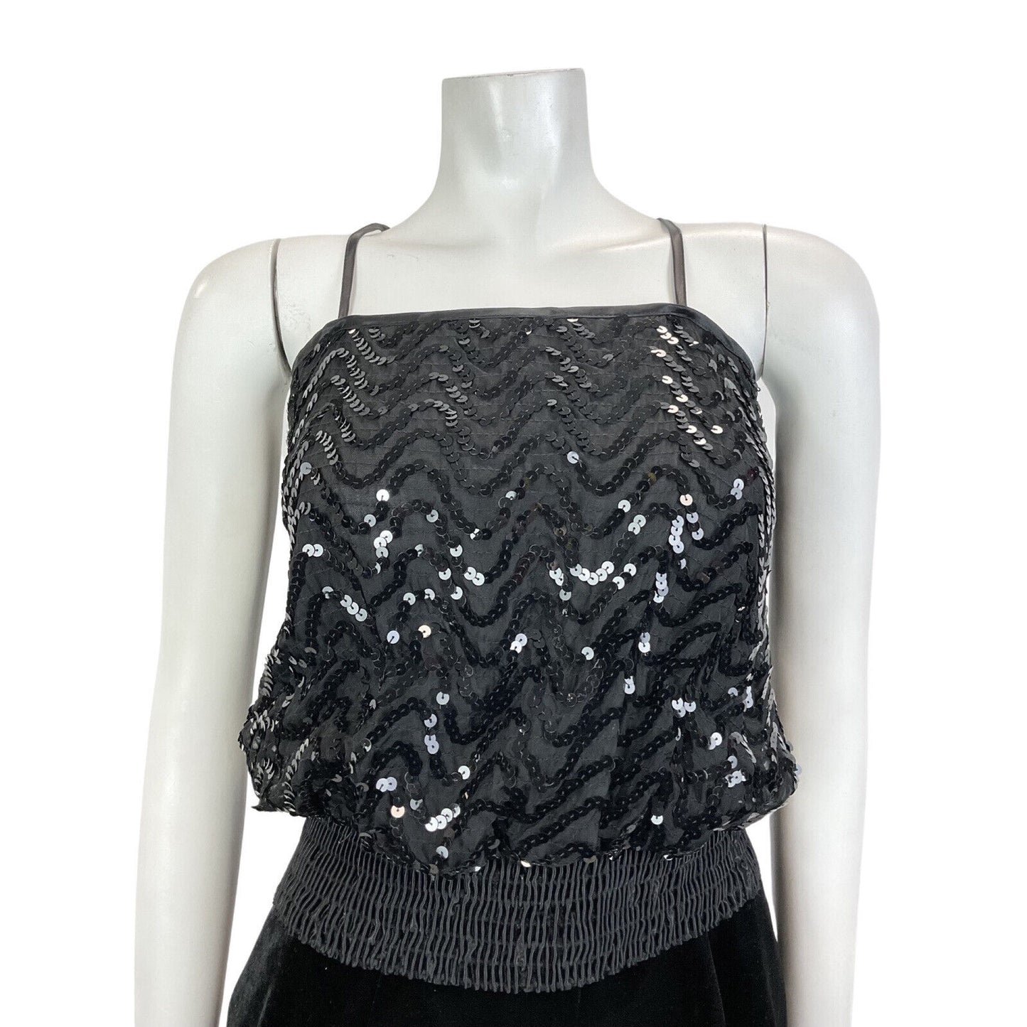 VINTAGE 70s BLACK WAVY SEQUIN BLOUSON SPAGHETTI STRAP STUDIO 54 DISCO TOP 8