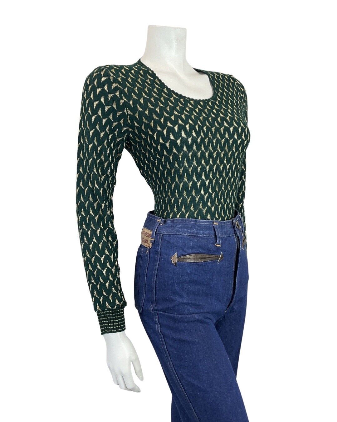 VINTAGE 60s 70s EMERALD GREEN GOLD TRIANGLE KNITTED JUMPER TOP 8 10
