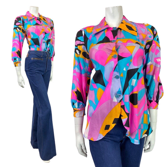 VINTAGE 70s 80s PINK BLUE BLACK PSYCHEDELIC GEOMETRIC FLOATY BLOUSE SHIRT 8 10