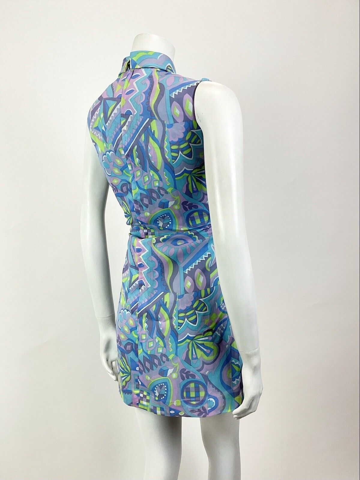 VINTAGE 60s 70s BLUE PURPLE GREEN PSYCHEDELIC GEOMETRIC MOD SHIFT DRESS 8 10