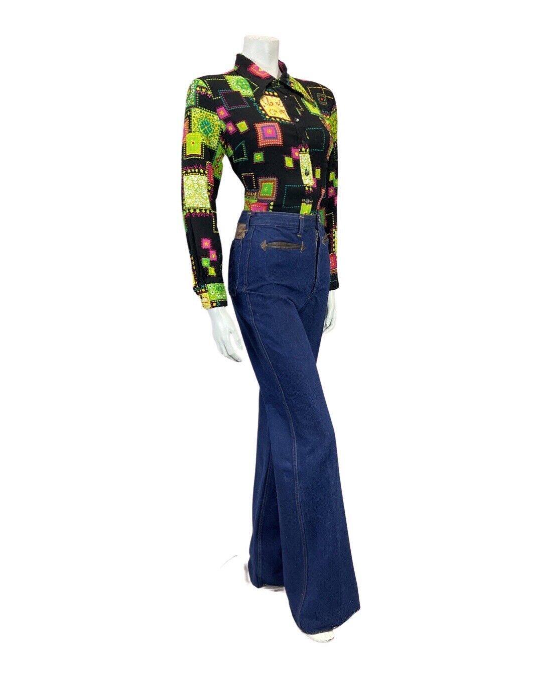 VINTAGE 60s 70s BLACK GREEN PINK PATCHWORK PAISLEY MOD DAGGER SHIRT 10 12