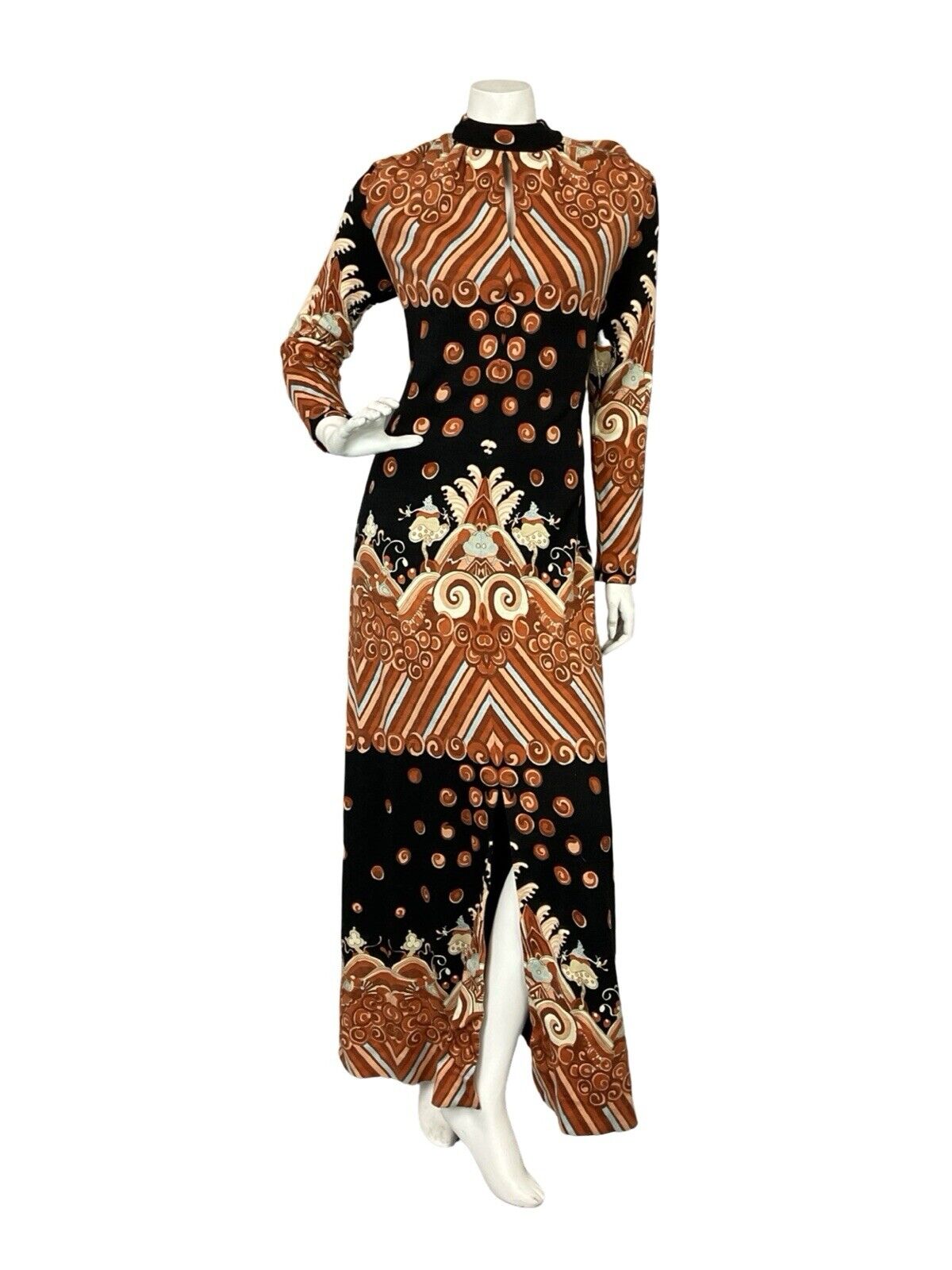 VTG 60S 70S ORANGE BLUE BLACK PSYCHEDELIC HIPPY KEYHOLE PARTY MAXI DRESS S 8 10