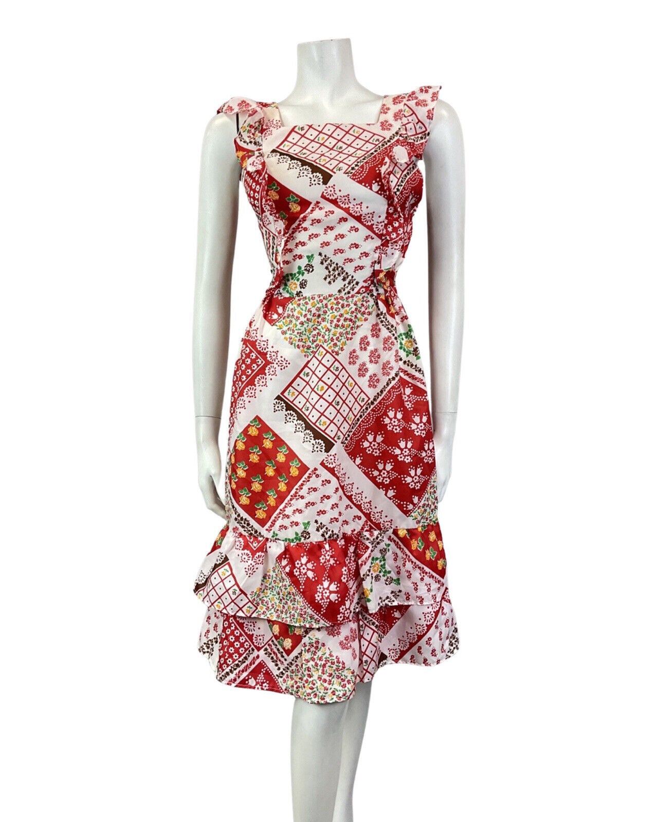 VINTAGE 60s 70s RED WHITE YELLOW PATCHWORK FLORAL PRAIRIE FOLK SUMMER DRESS 4