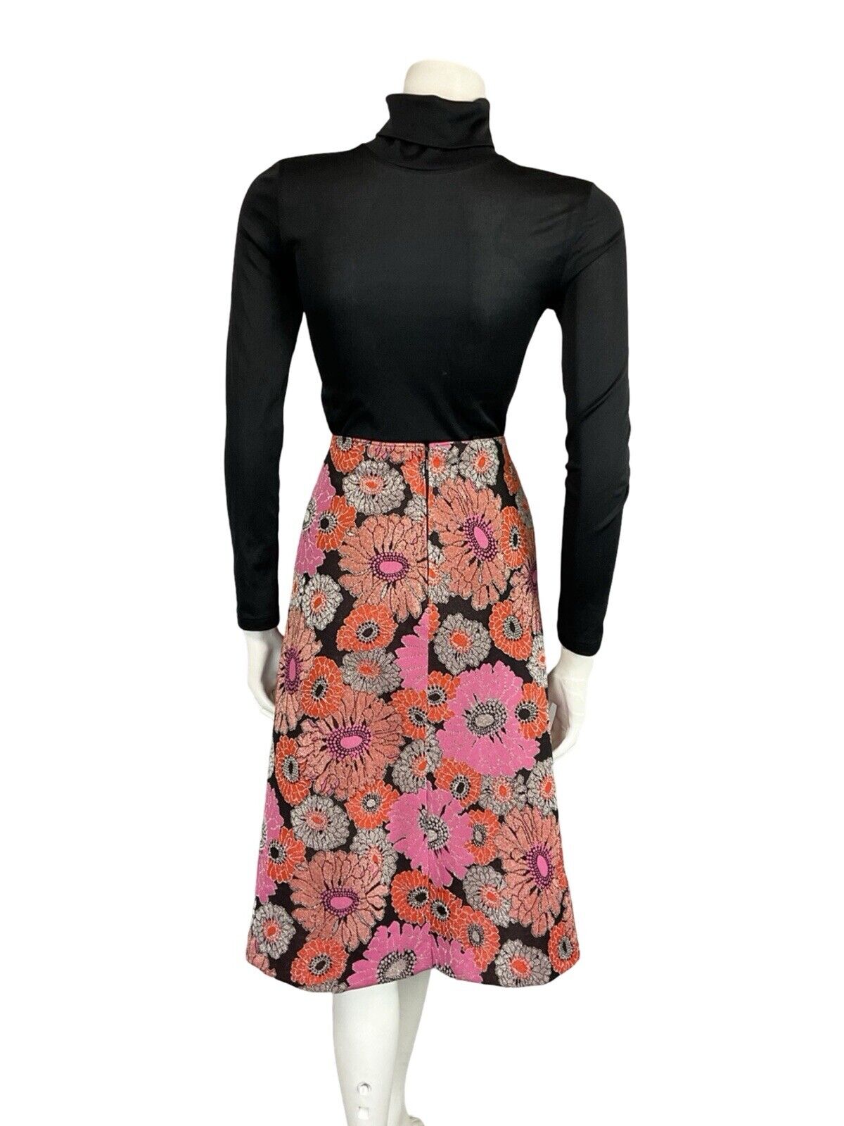 VTG 60S 70S VIBRANT RED PINK SILVER BLACK FLORAL CIRCLE MIDI PARTY SKIRT 12