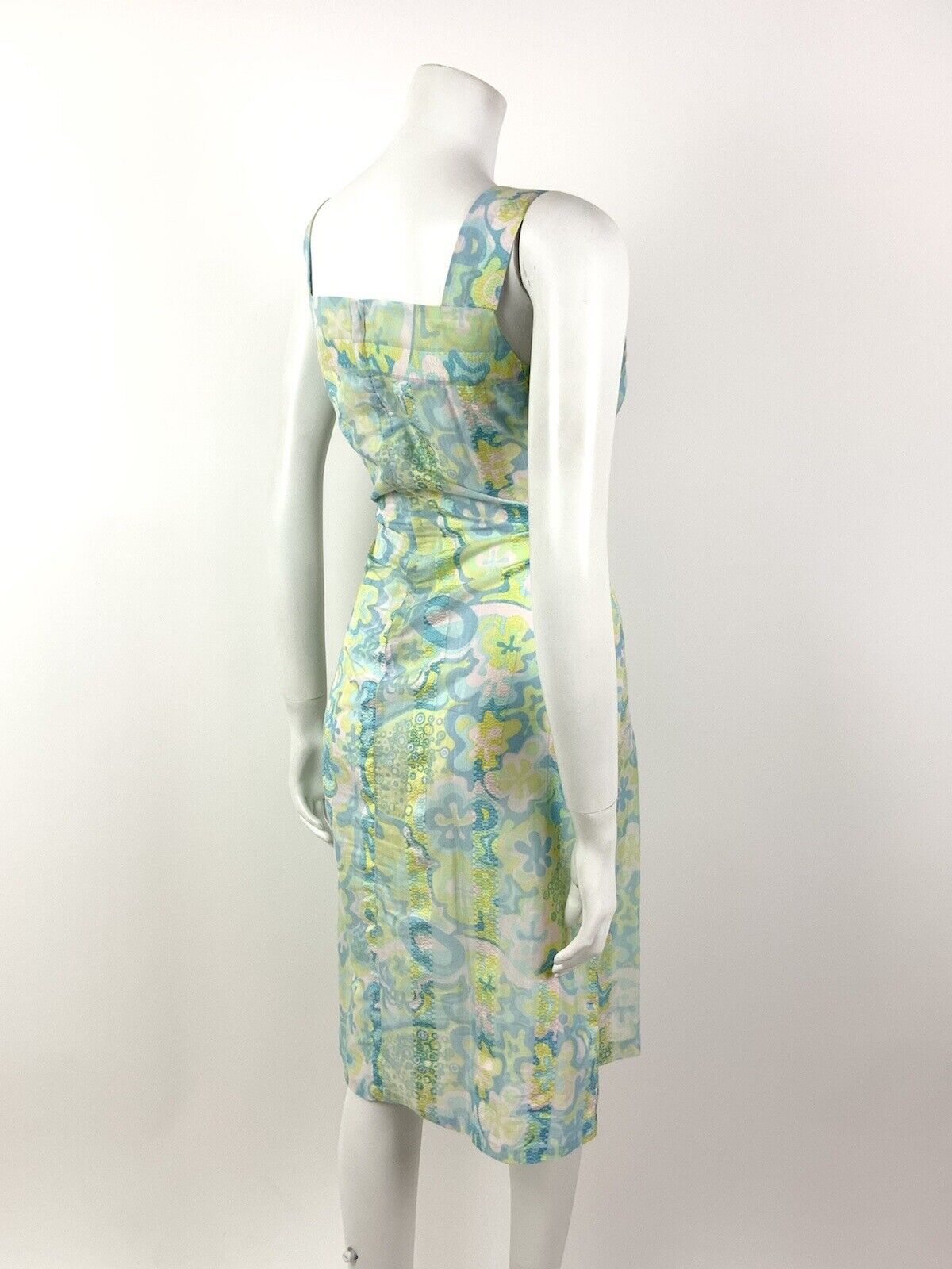 VTG 60s 70s BLUE PINK YELLOW GREEN PSYCHEDELIC FLORAL SLEEVELESS PINNY DRESS 10