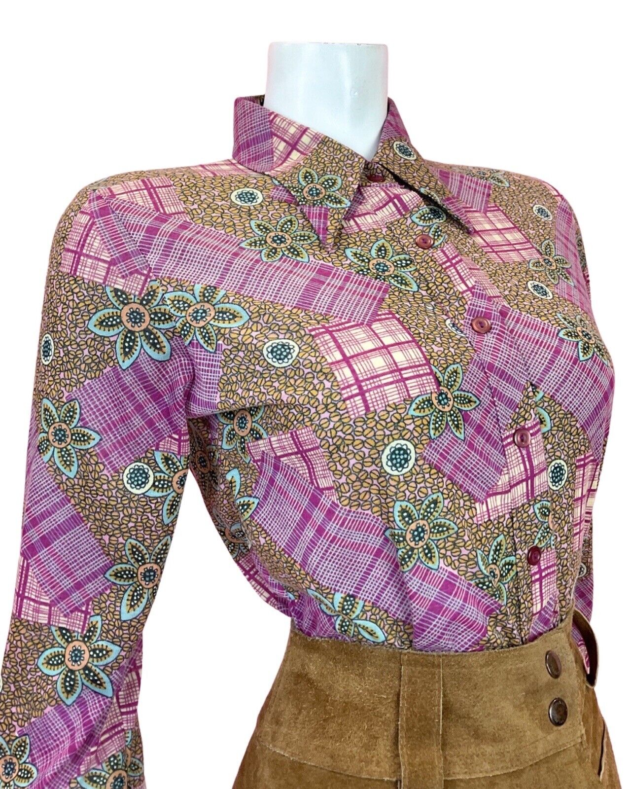 VINTAGE 60s 70s PURPLE GOLD BLUE PATCHWORK FLORAL CHECKED MOD DAGGER SHIRT 12 14